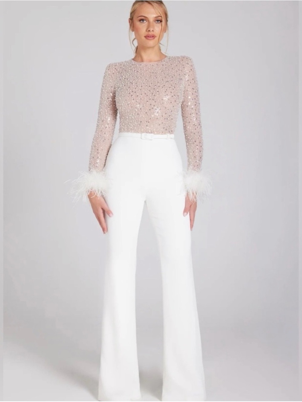 NADINE MERABI Blush Sequin Top with White Flared Jumpsuit